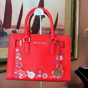 Michael Kors LIMITED EDITION Red Floral Leather Satchel with D rings.